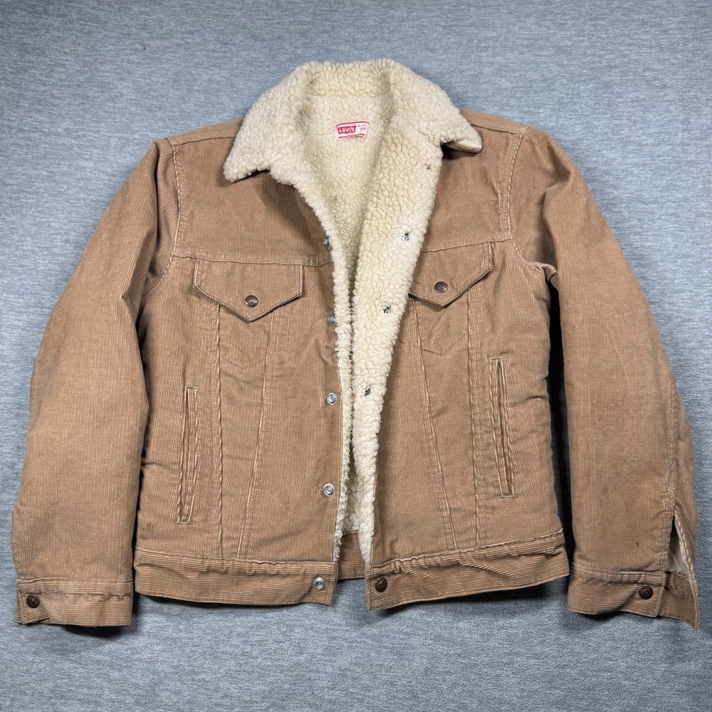 VTG Levis Jacket Adult 38 Beige Corduroy Sherpa Lined Trucker 70S Usa 20x24 S/M